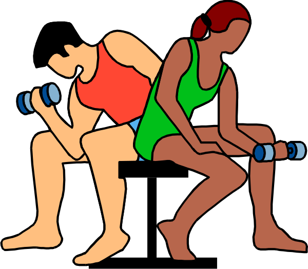 The illustration shows two cartoon figures sitting on a bench with dumbbells; both characters appear to be exercising in an indoor gym environment.