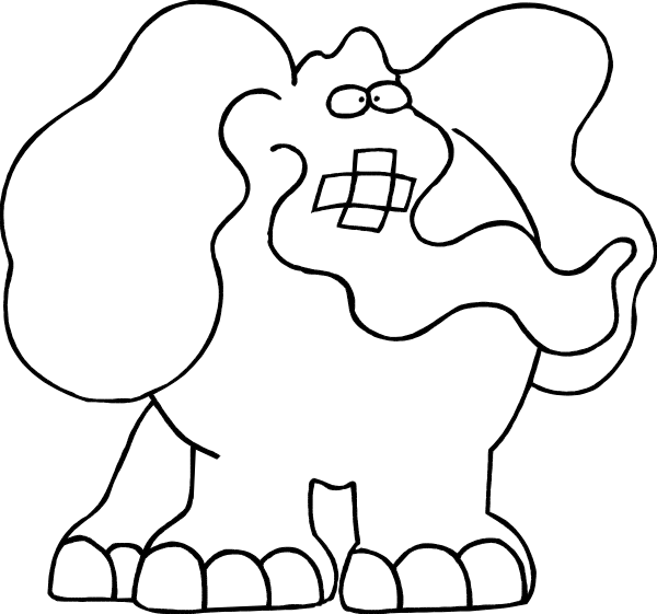 The black and white cartoon features an elephant with a large trunk holding up its head as if it's speaking to someone off-camera.