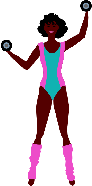 The image shows a cartoon of an animated female figure dressed as a roller derby player with red hair standing on her toes in front of two black silhouettes that resemble people's heads against a dark background, suggesting she is performing for them or about to perform; the style appears reminiscent of 80s pop culture. There are no texts present within this image. The figure has roller derby gear on and holds what looks like two small sports balls in her hands while standing confidently with one hand raised as if signaling a move, possibly during an animated