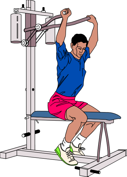 The illustration shows a man on an exercise machine at a gym with weights above his head; he is wearing shorts and has one arm raised in front of him while sitting down to lift them upwards.