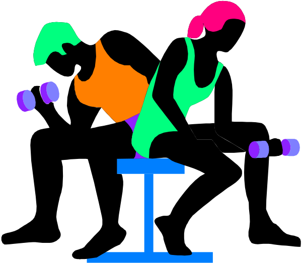 The image shows a colorful cartoon of an abstract figure with multiple arms holding various items against a black background; there is no text present in this clip-art illustration.