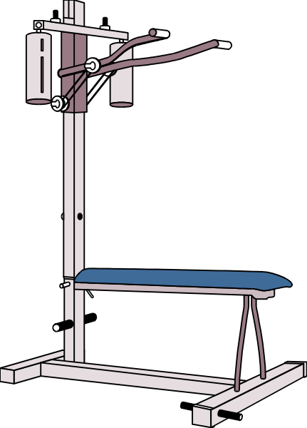 The black and white illustration shows a gym setup with an exercise machine featuring weights on either side of it for resistance training exercises like bicep curls or triceps extensions; there is no person present in this image, only equipment typically found within fitness centers such as weight stacks and the bench.