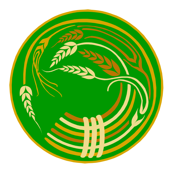 The image shows a green circle with two wheat stalks inside it on either side of an emblem that resembles a shield containing three ears of corn in front of what appears to be stylized waves, all set against a white background within another larger circular frame outlined by gold trim and featuring the same design.