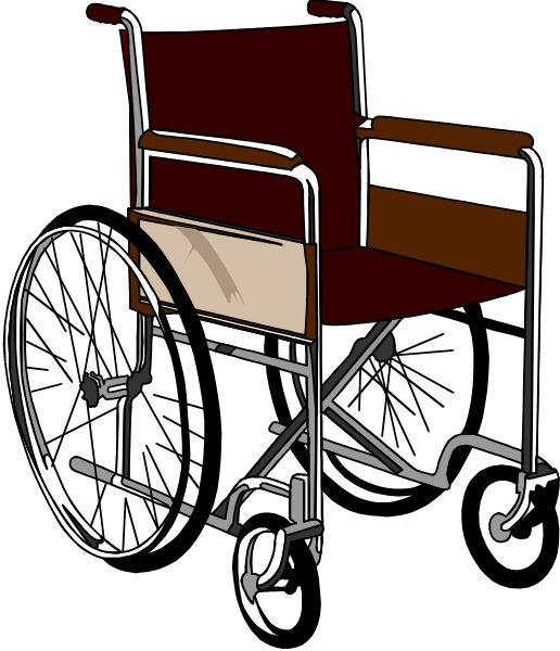 The image shows a wheelchair with red wheels on it against a black background.