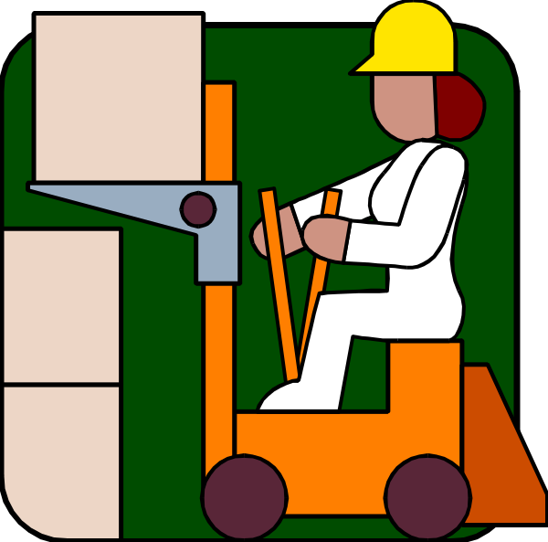 The illustration shows a woman operating an orange forklift with two wheels visible on either side of it; she is wearing white protective clothing including gloves and boots, suggesting safety attire appropriate to her work environment which appears to be related to construction materials handling as indicated by the presence of stacked wooden planks in the background.
