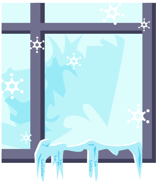 The image shows a cartoon of an open window with blue curtains inside it on what appears to be a gray background.