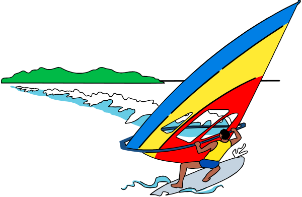 The image shows a colorful cartoon of an animated character riding on top of a surfboard with waves behind them under what appears to be a blue sky during daylight hours.