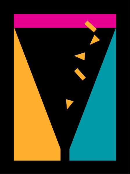 The image shows a stylized graphic of an abstract geometric shape resembling a building with two triangles on top forming what appears to be a roofline against a dark background; there is also a small, brightly colored triangle atop one side and three smaller rectangular shapes below it that could represent windows or doors.