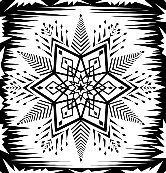 The image shows a black and white pattern with intricate designs that resemble snowflakes radiating from a central point towards an outer circle of stars on what appears to be fabric material.