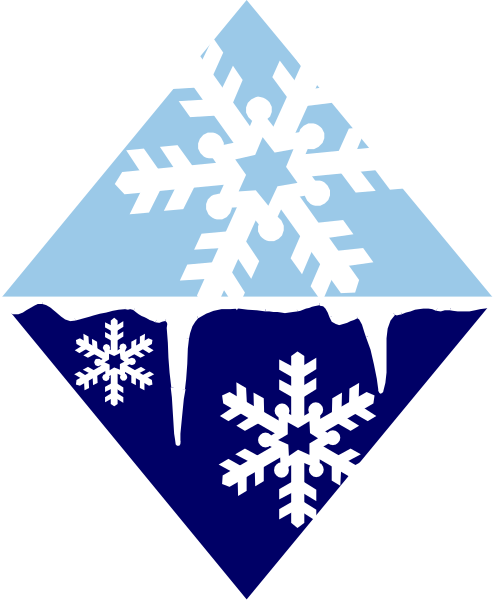 The image shows a stylized graphic of snowflakes with blue background on top half and white iceberg-like shape at bottom against black backdrop.