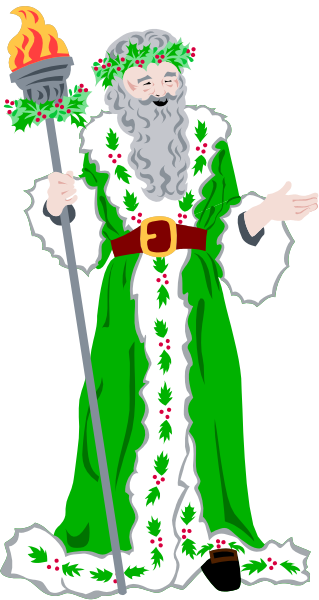 The illustration depicts a figure dressed as Santa Claus with green attire holding an evergreen branch adorned with red berries in one hand while gesturing towards something unseen with their other hand, standing against a dark background that transitions to black at its bottom edge and top right corner.