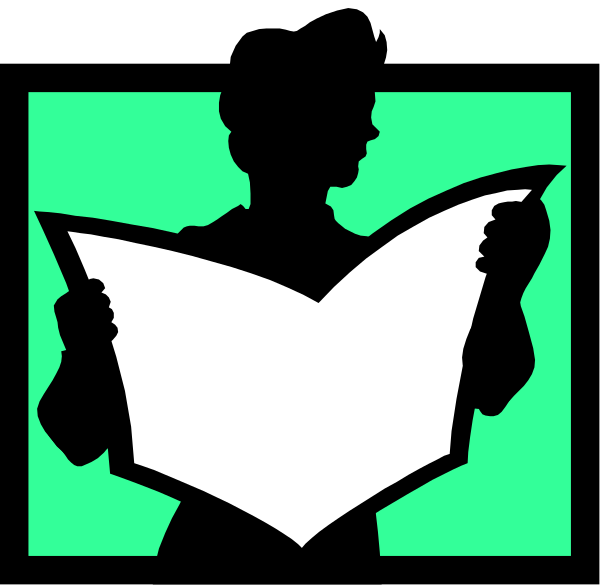 The image shows a person holding an open book with their back to us against a black background; there is no text present in this clip-art illustration.