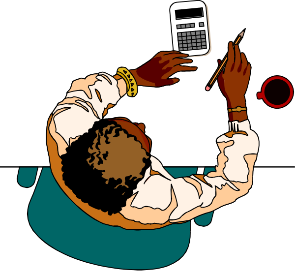 The illustration shows a person sitting at an office desk with their back to us; we can see them writing on paper while looking downward towards it. They have one hand resting lightly upon another piece of paper, possibly for reference as they write. There is also what appears to be a calculator in front of the individual and some other items that are not clearly identifiable due to their small size within this image. The person has short hair with an afro style on top, wears glasses over one eye, and there's jewelry around both wrists; they have facial features like eyebrows