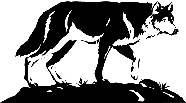The black and white silhouette of a dog's head with its tongue out against an indistinct background.