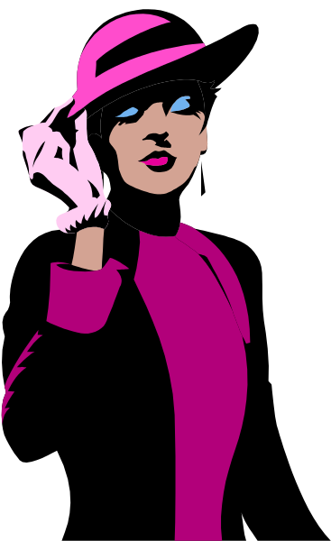 The black and white photo features a woman wearing a pink hat with her hand on it; she is standing against a dark background in front of what appears to be an open door frame.