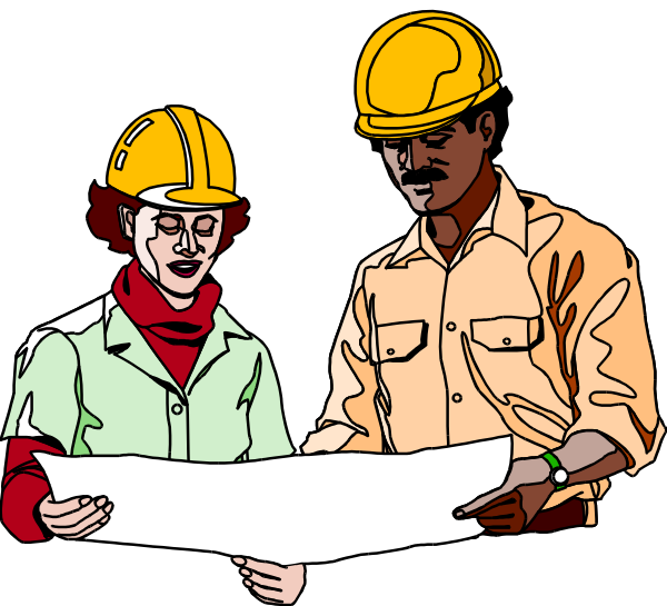 The illustration shows three individuals wearing hard hats standing around a blueprint with their attention focused on it; two of them appear to be engaged in conversation while one is looking at something off-frame.