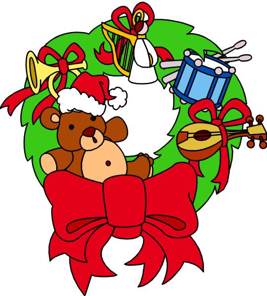 The image features a Christmas wreath with various holiday items such as presents, teddy bears, musical instruments like violins and trumpets, wrapped gifts tied together in red ribbon, bells hanging from it all, set against black background.