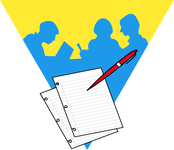 The image shows a black and white illustration with two silhouettes of individuals sitting at desks facing each other; between them is an open notebook on one desk accompanied by a pen lying next to it.