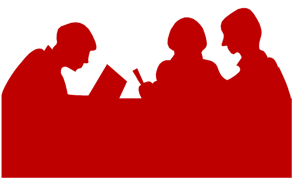 The image shows a red silhouette of three individuals sitting at tables with books open before them; it is likely an illustration meant to represent studying in a library-like environment.