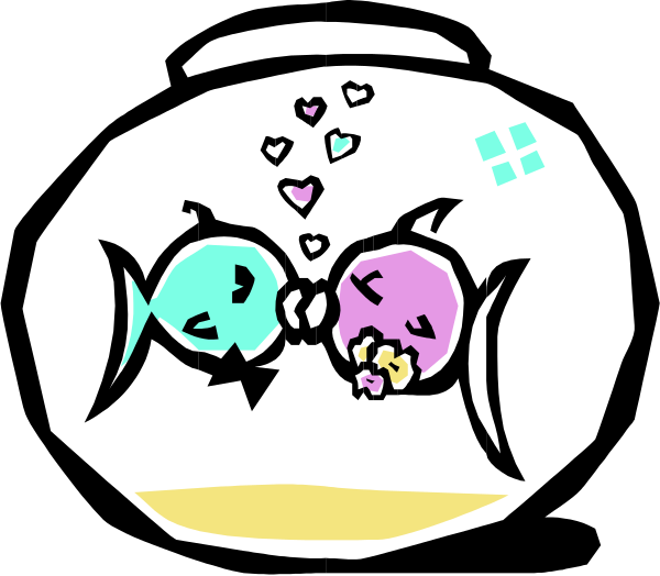 The image shows a cartoon of two fish with eyes closed next to each other against a black background; there is no text present in this clip-art illustration.