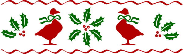 The image shows a Christmas decoration with red holly leaves on either side of two birds perched atop it; there is no text present in this clip-art illustration.