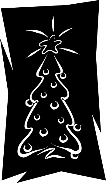 The image shows a black and white Christmas tree design with intricate patterns around it on what appears to be fabric material.