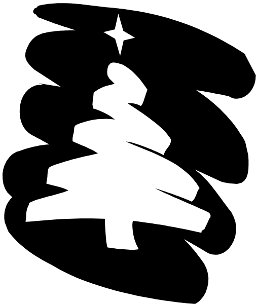The black and white silhouette of a Christmas tree with a star on top against an unseen background.
