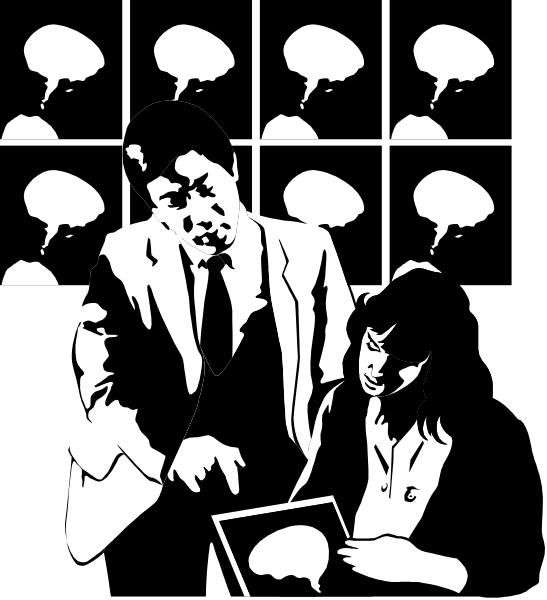 The black and white illustration depicts a man standing behind two speech bubbles with text inside them; he is holding an open book in his hands while looking at it. To his right stands another person who appears to be reading from the same source of information, also engaged with one of the books or papers held by the first individual. The setting suggests they are indoors and possibly a library due to their interaction with printed materials.