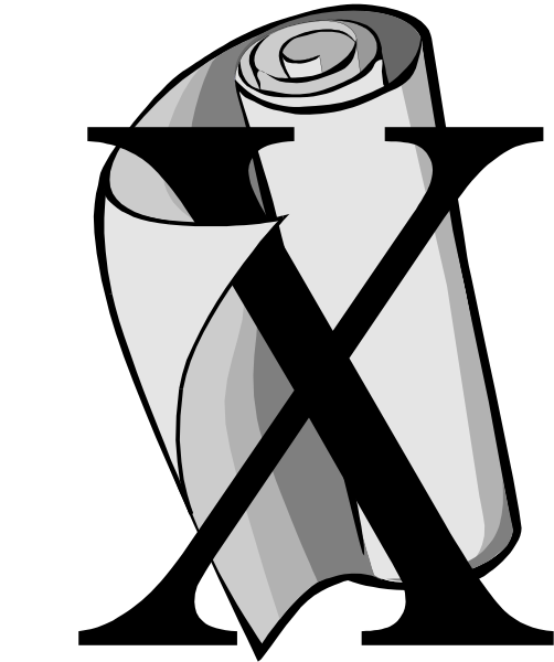 The black and white logo of a newspaper with an X through it on top of another paper that has been folded over itself in such a way as to create two distinct sections within one piece of paper.