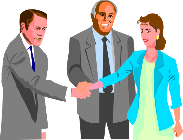 The illustration shows four animated characters shaking hands; two men wearing suits with ties standing on either side of a woman who is also dressed in business attire. They appear to be engaged in an agreement or contract signing, as suggested by their formal clothing and handshake gesture.