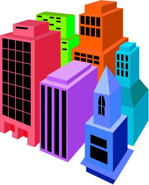 The image shows a stylized cityscape with colorful buildings of various sizes against an urban backdrop; there is no text present in this clip-art illustration.
