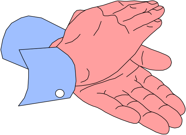 The image shows a red hand with fingers spread out against a black background on top of another smaller blue hand that is also holding up its index finger in front of it.