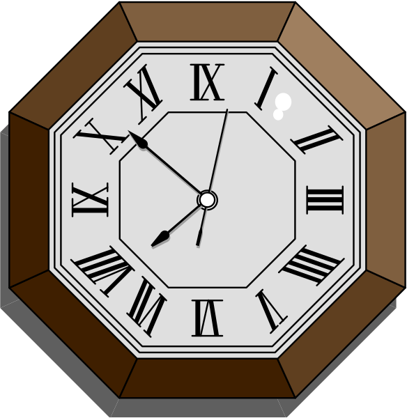 The image shows a black clock with white numbers inside an orange hexagon on top of a green square base against a dark background; there is also another smaller red rectangle in front of it that appears to be part of some sort of game board, and two small dots at opposite ends within the larger shape.