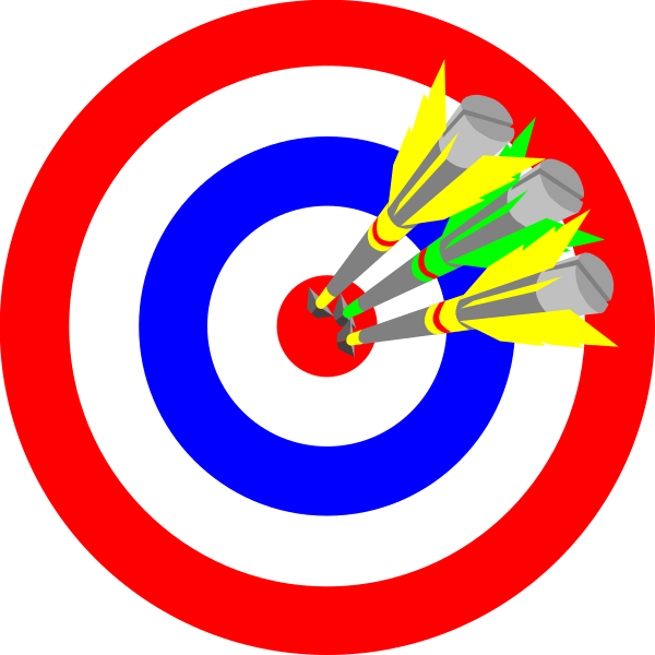 The image shows a target with three arrows stuck into it at different angles against an American flag background.