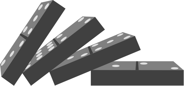 The image shows a collection of black dominoes lined up on their sides against a gray background with no visible textures to indicate depth or texture within them.