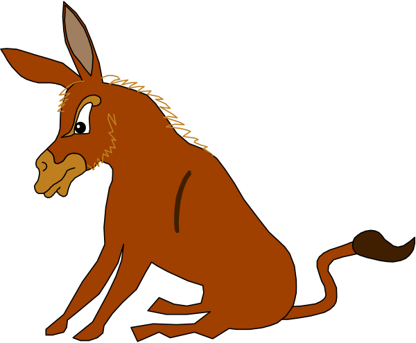 The image shows a cartoon of an orange donkey sitting on its hind legs with front paws extended outward as if it's walking in place against a black background.
