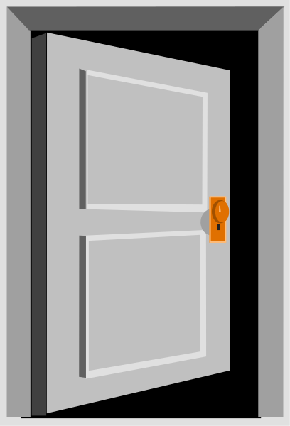 The image shows a simple illustration of an open door with light brown walls on either side, leading to darkness beyond it; there is no visible flooring in this viewpoint due to perspective distortion from looking up at the bottom edge of the doorway frame.