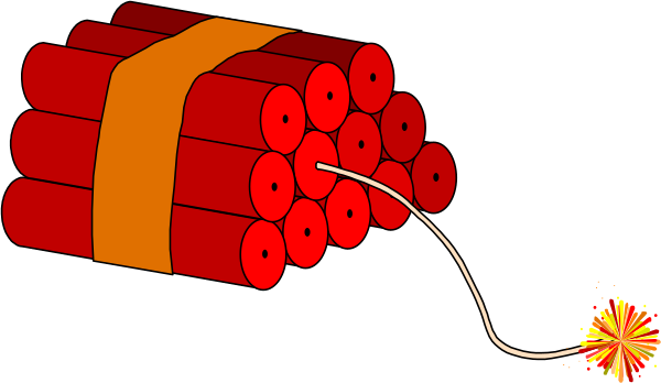 The image shows a cartoon depiction of dynamite sticks with lit fuses connected to each other on top of what appears to be an explosion barrel in black-and-white coloring.