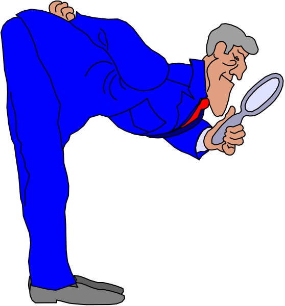 The cartoon shows a man with his hands on his knees looking at something through magnification glasses while standing next to an upright mirror that reflects him in profile view from behind; he is wearing a suit jacket over what appears to be pajamas, and there's no visible background detailing the setting.