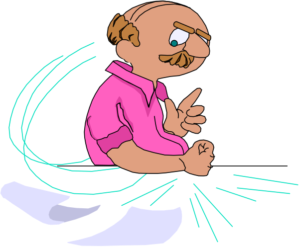 The cartoon shows a man with mustache sitting on his hands while looking to his right side of frame; he is wearing pink shirt and has short hair.