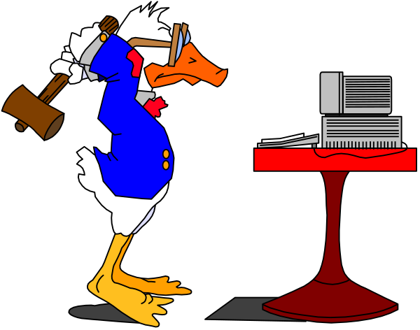 The cartoon depicts a duck wearing glasses sitting at a table with an open book next to it while another bird is standing on top of the table holding what appears to be a hammer in its mouth.