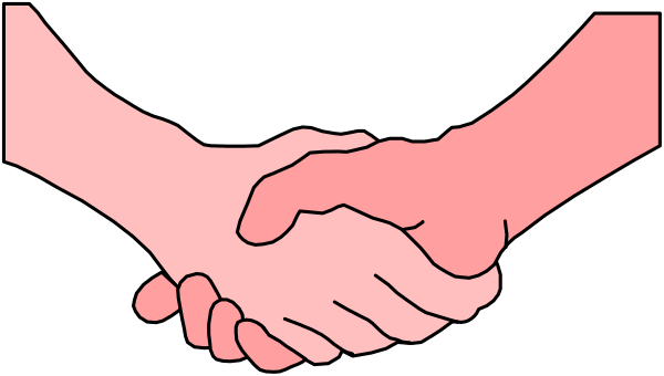 The image shows two hands shaking over a table with an abstract background featuring red shapes that could be interpreted as flames or fireworks.
