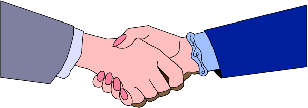 The image shows two hands shaking over a table with blue surface.