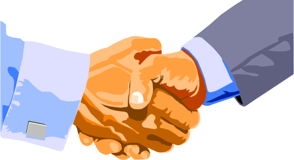 The image shows two hands shaking over a table with blue backgrounds on either side of them; there is no text present in this clip-art illustration.