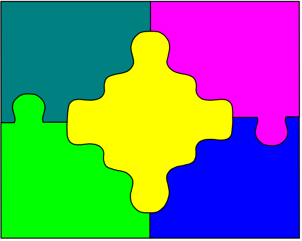 The image shows a colorful jigsaw puzzle with various pieces that fit together to form an abstract pattern against a gray background.