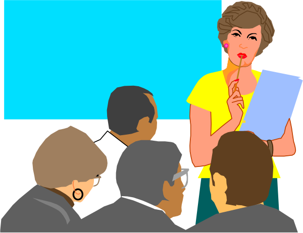 The illustration depicts a woman standing at front of an audience with her hand on hip holding papers; she is speaking to them while seated men in suits listen attentively behind tables.