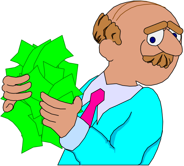 The cartoon shows a man with glasses holding money bags while standing next to another person who is also handling cash; both characters appear surprised by their sudden wealth.