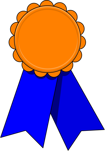 The image shows a digital illustration of an orange ribbon with blue stripes on either side, attached to what appears to be a medal-like object in front of it.