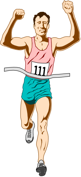 The illustration shows a man running with his arms raised high above him on either side of his head; he is wearing shorts and has no visible shoes in this image.