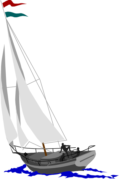 The black and white illustration shows a sailboat on water with its sails down at nighttime under clear skies.